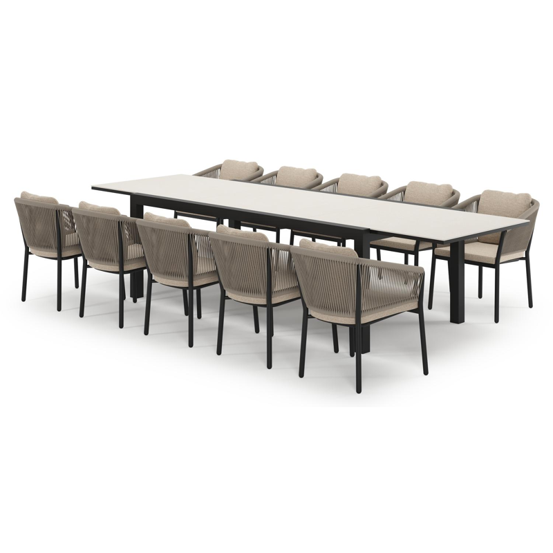 Calobra uitschuifbare tuinset in zwart aluminium en crema minerale sintered stone met 10 Gerona tuinstoelen
