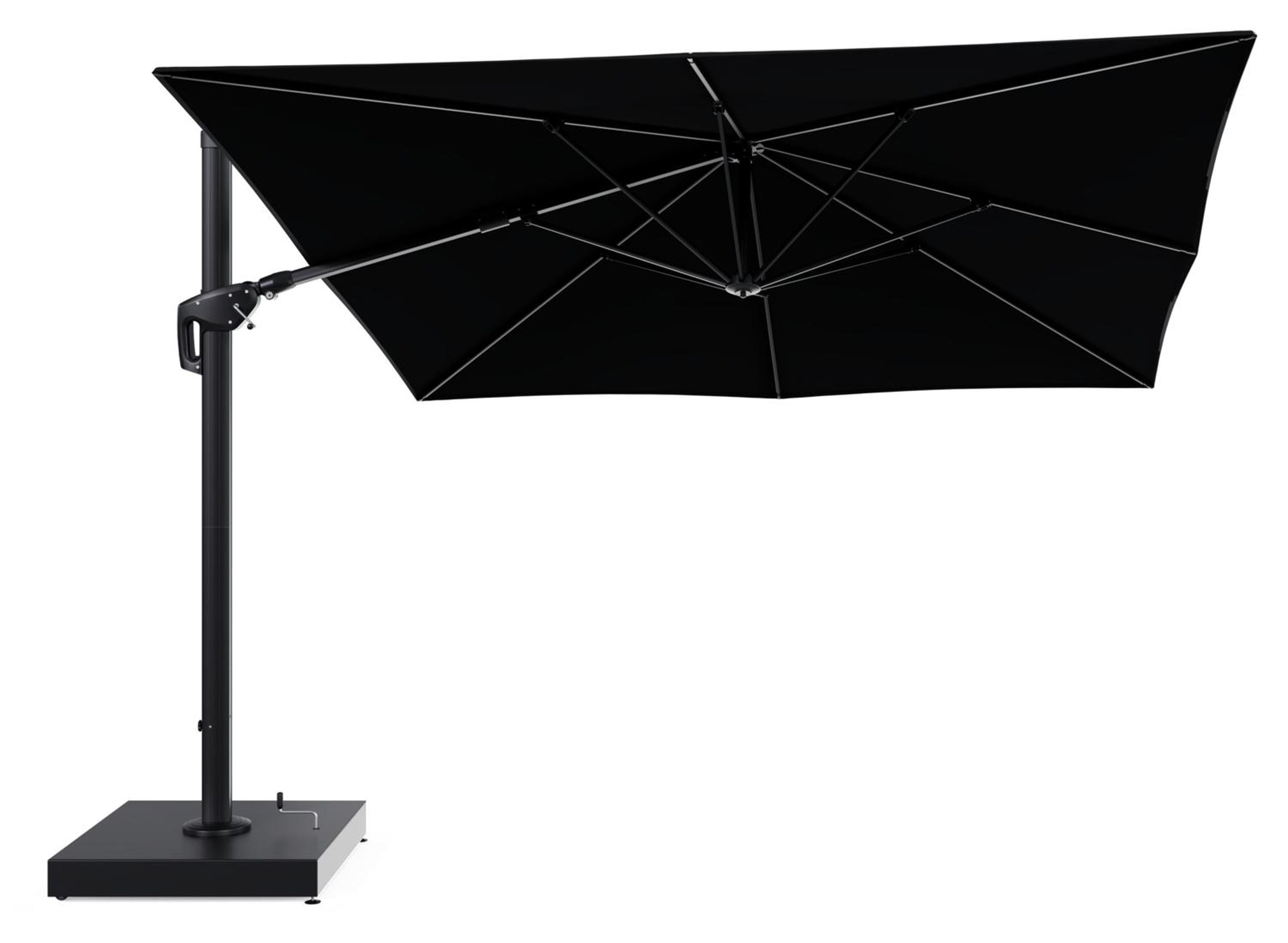 Minore zweefparasol met tiltfunctie in zwart aluminium en zwart All Weather Sunbrella® Premium parasoldoek - L1 350 x L2 350 cm met parasolvoet Minore 260 kg met wielen
