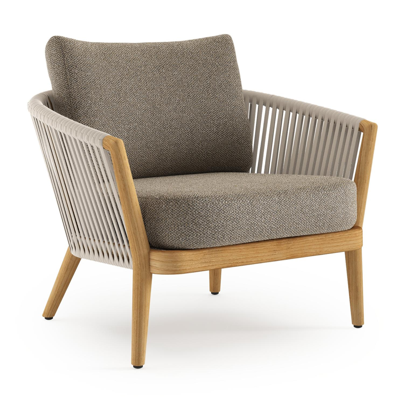 Orso loungestoel in teak en beige verticaal geweven luxe vlakke rope met Madagascar Burch all weather cosytica kussen