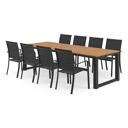 Ensemble de jardin Livo en aluminium noir avec plateau de table en teck et 8 chaises de jardin empilables Calobra