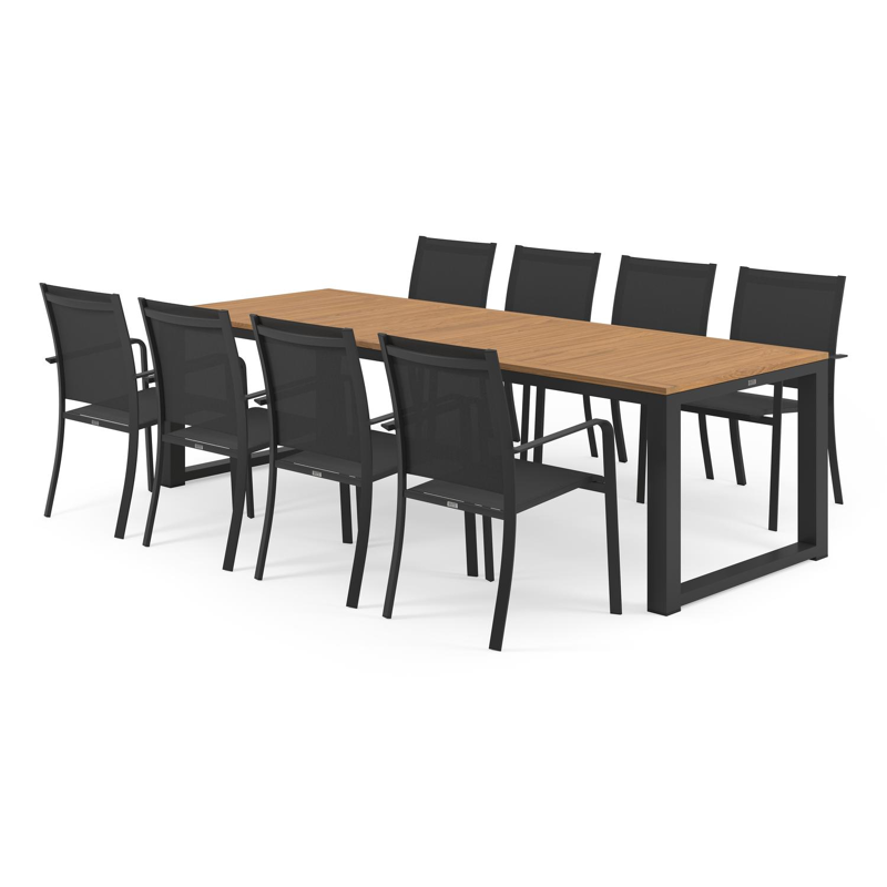 Livo tuinset in zwart aluminium en naturel teak tafelblad met 8 stapelbare Calobra tuinstoelen