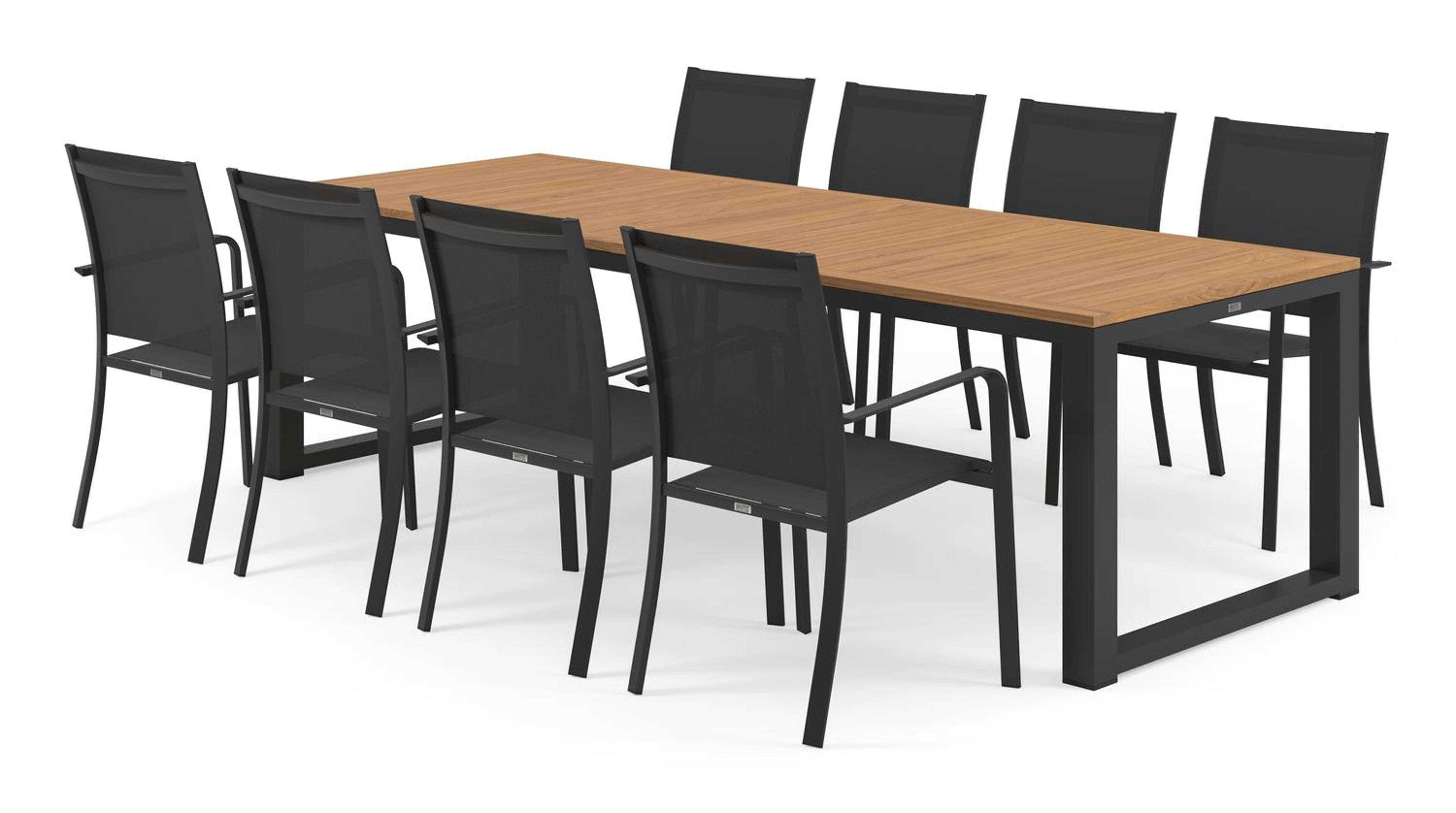 Livo tuinset in zwart aluminium en naturel teak tafelblad met 8 stapelbare Calobra tuinstoelen