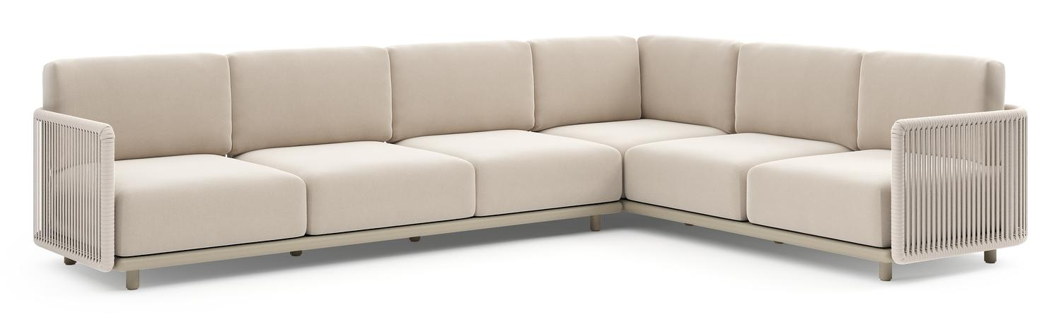 Salon de jardin d'angle Organo en aluminium beige et corde luxe plate tissée verticalement beige et coussin en all weather Sunbrella® luxe lopi antique