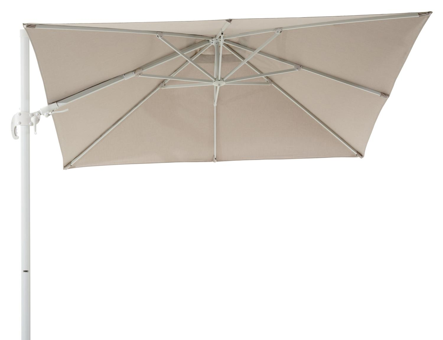 Parasol pedant Avola avec fonction tilt en aluminium blanc avec toile de parasol en all weather sunbrella® premium natte graumel chalk - Lg.1 300 x Lg.2 300 cm (sans pied de parasol)
