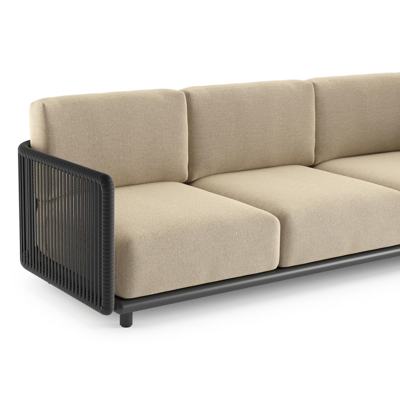 Organo loungehoek in zwart aluminium en zwart verticaal geweven luxe vlakke rope met althea camel all weather Cosytica kussen