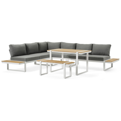 Merida loungehoek in wit aluminium en polywood met grijs polyester kussen en loungetafel