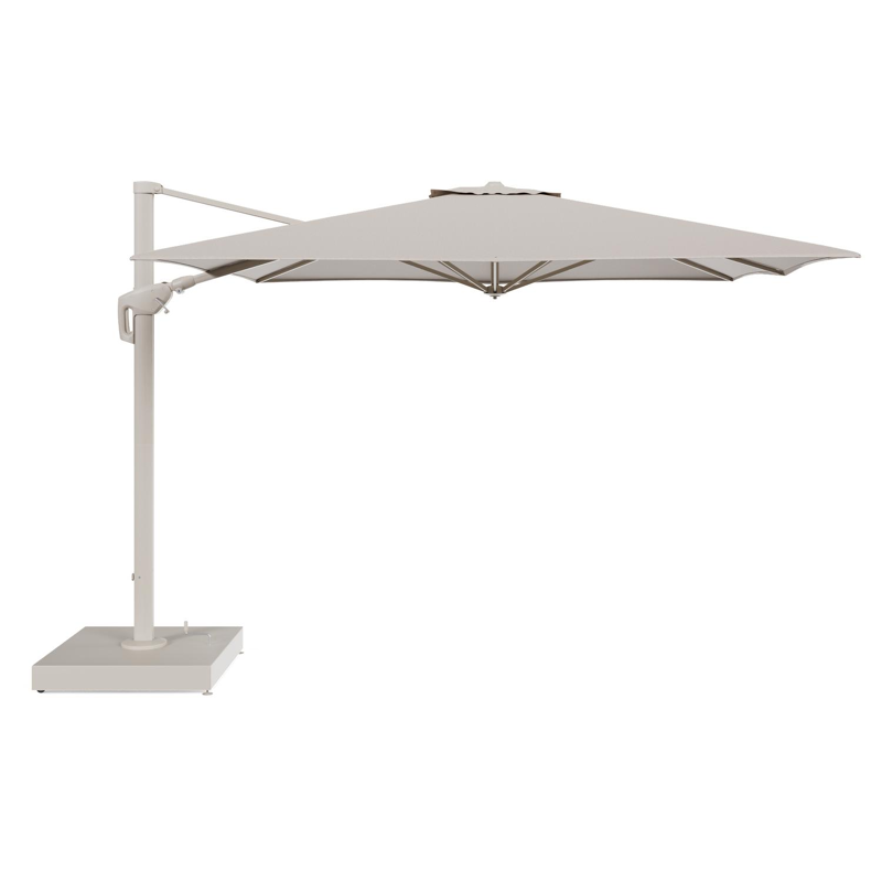 Minore zweefparasol met tiltfunctie in beige aluminium en Heritage Ash All Weather Sunbrella® Luxe parasoldoek - L1: 350 x L2: 350 cm met parasolvoet Minore 260 kg met wielen