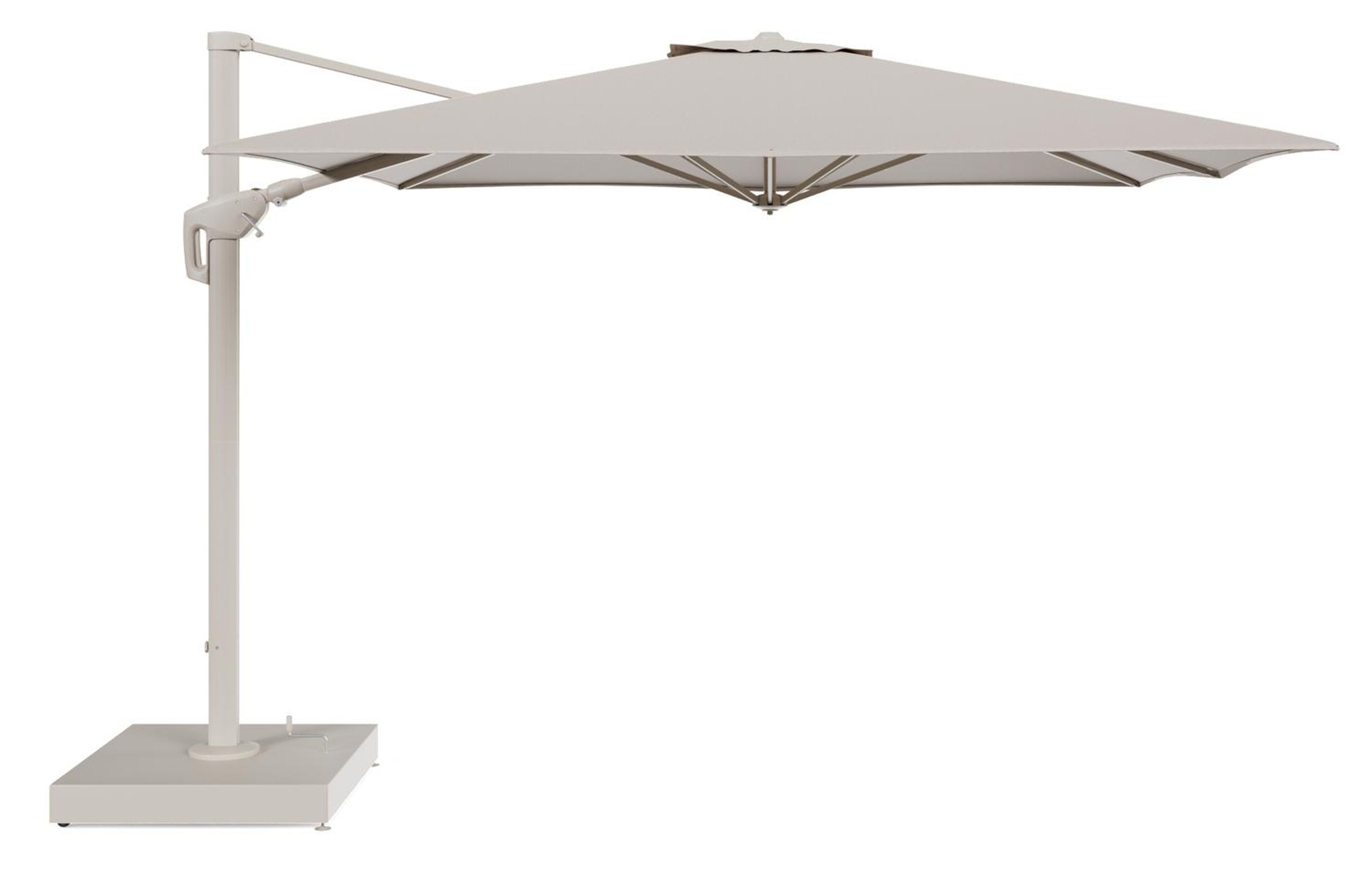 Minore zweefparasol met tiltfunctie in beige aluminium en Heritage Ash All Weather Sunbrella® Luxe parasoldoek - L1: 350 x L2: 350 cm met parasolvoet Minore 260 kg met wielen