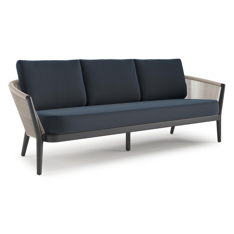 Orso loungebank in zwart aluminium en beige verticaal geweven ronde rope met Heritage Indigo all weather sunbrella® luxe kussen