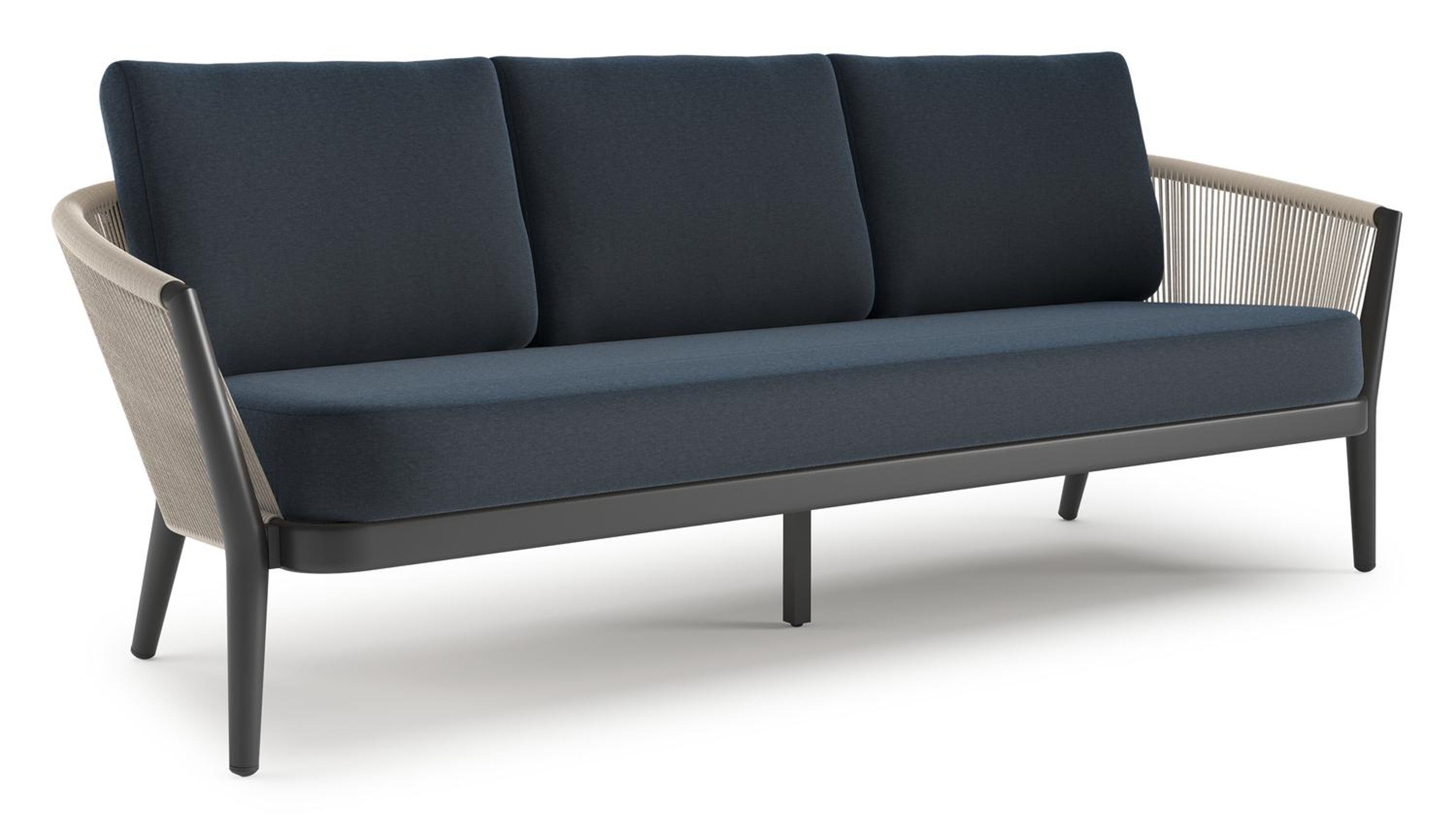 Orso loungebank in zwart aluminium en beige verticaal geweven ronde rope met Heritage Indigo all weather sunbrella® luxe kussen