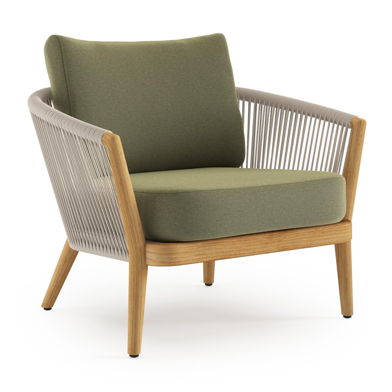 Orso loungestoel in teak en beige verticaal geweven ronde rope met Heritage Leaf all weather sunbrella® luxe kussen