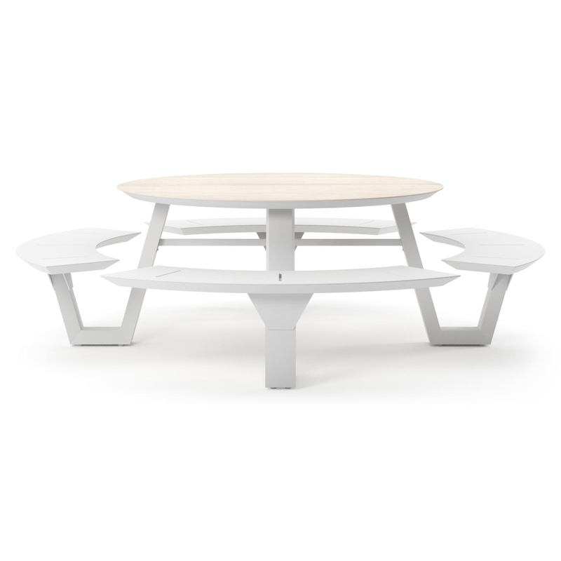 Rondino picknicktafel rond in wit aluminium en volkeramiek Travertino Bianco - Dia. 236 x H 71.5 cm