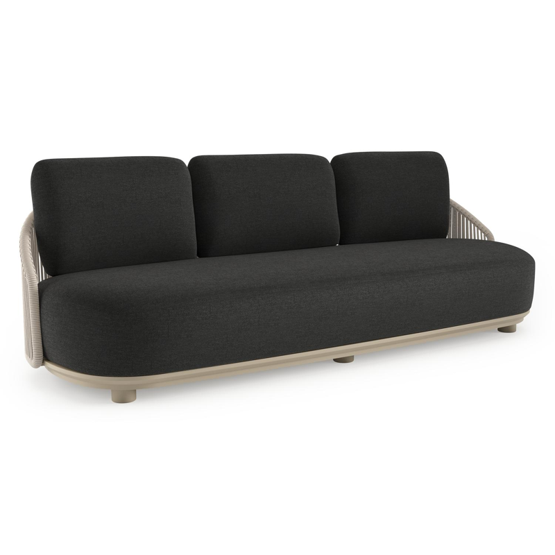 Vadelo loungebank in beige aluminium en beige verticaal geweven ronde rope met chartres sooty all weather sunbrella® luxe kussen