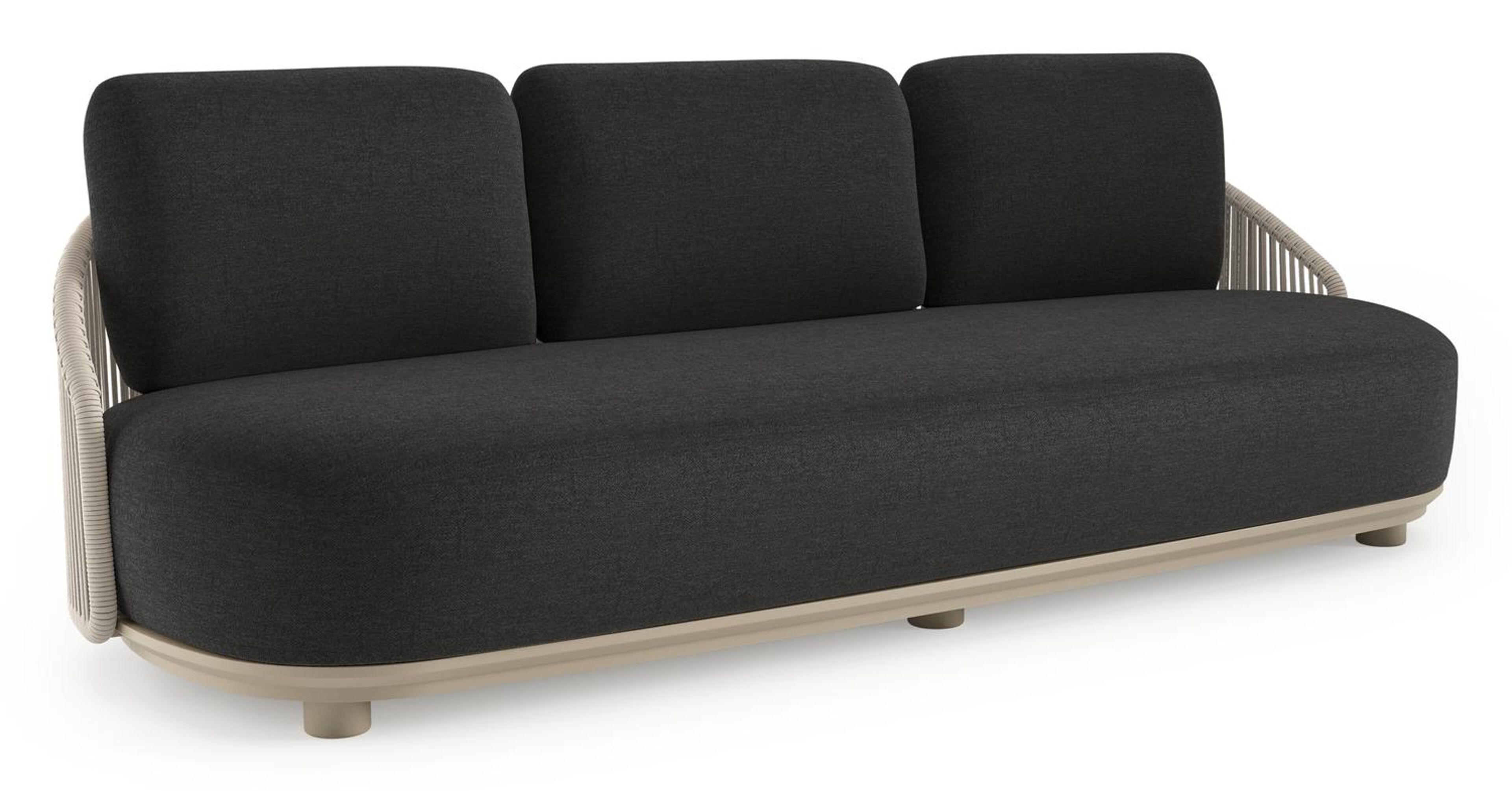 Canapé de jardin Vadelo en aluminium beige et corde ronde tissée verticalement beige et coussins en all weather sunbrella® luxe chartres sooty