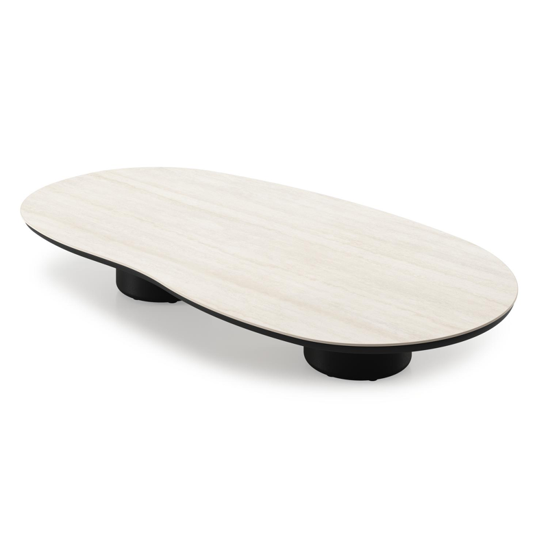 Table de basse Amico organique en aluminium noir et céramique pleine Travertino Bianco - Lg. 170 x Lrg. 91 x Haut. 25 cm