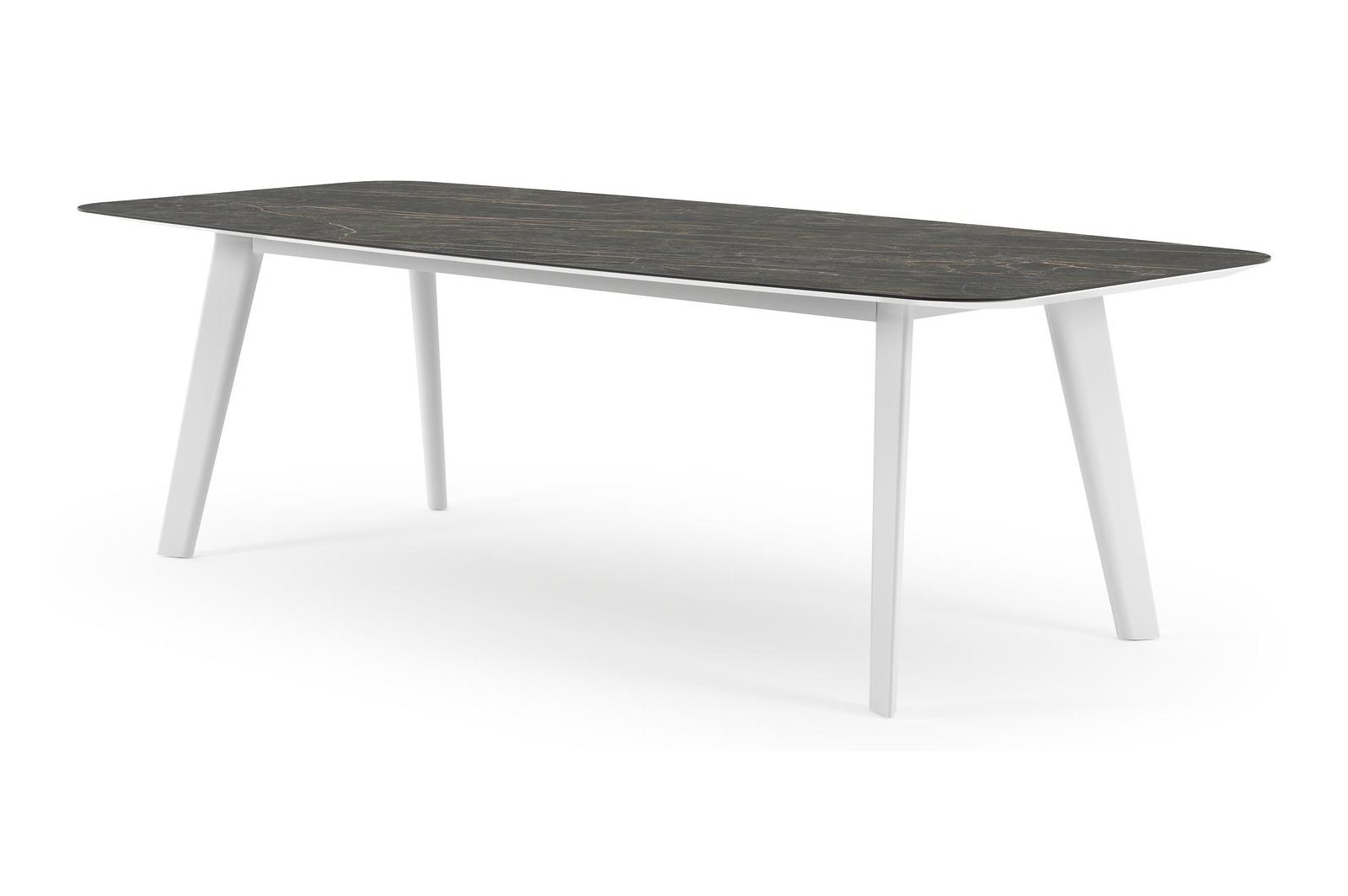 Table de jardin Lacrima forme de bateau en aluminium blanc et céramique pleine Black Obsession - Lg. 255 x Lrg. 115 x Haut. 73 cm
