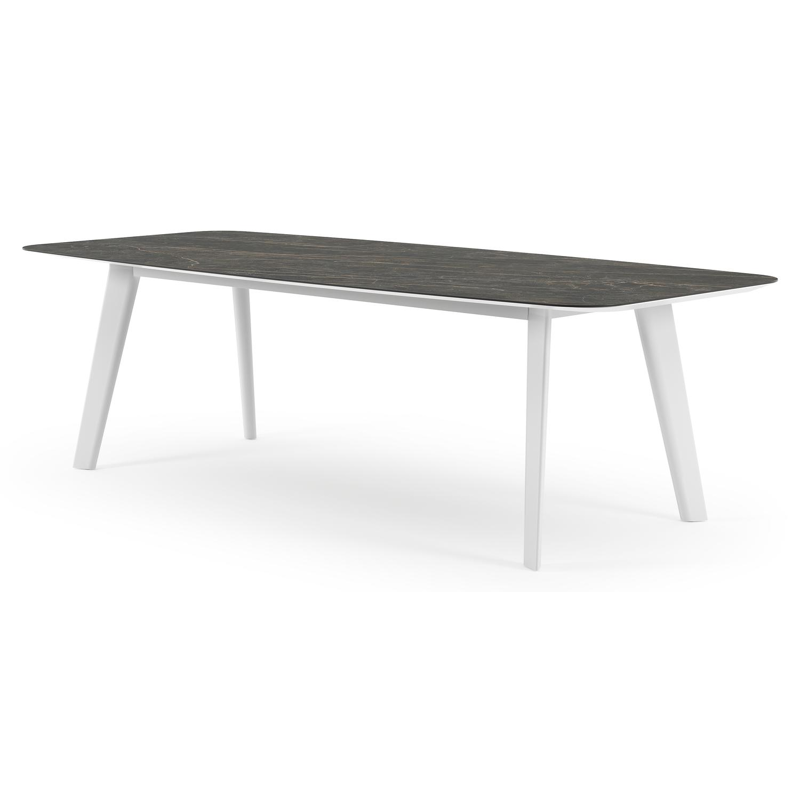 Table de jardin Lacrima forme de bateau en aluminium blanc et céramique pleine Black Obsession - Lg. 255 x Lrg. 115 x Haut. 73 cm