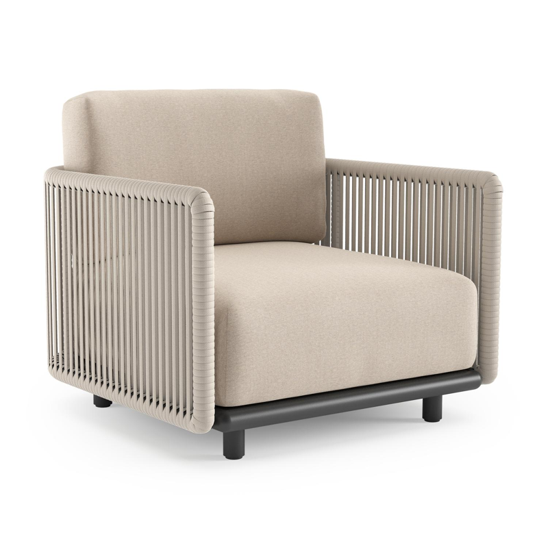 Organo loungestoel in zwart aluminium en beige verticaal geweven luxe vlakke rope met heritage ash all weather Sunbrella® luxe kussen