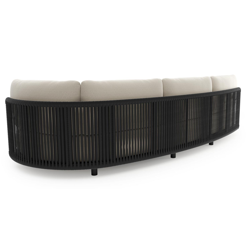 Lomano loungebank in zwart aluminium en zwart verticaal geweven luxe vlakke rope met lopi marble all weather sunbrella® luxe kussen