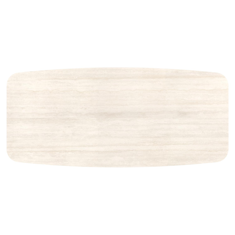 Table de jardin Lacrima forme de bateau en aluminium beige et céramique pleine Travertino Bianco - Lg. 255 x Lrg. 115 x Haut. 74 cm