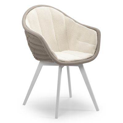 Pagino tuinstoel in wit aluminium en beige verticaal geweven ronde rope met zitkussen in All Weather Cosytica Althea Off White