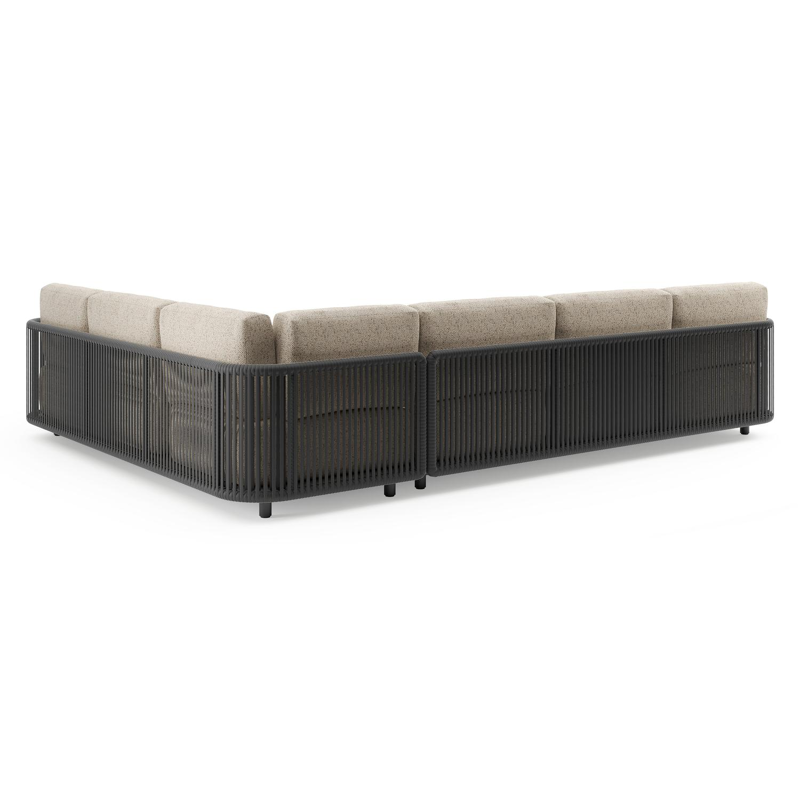 Organo loungehoek in zwart aluminium en zwart verticaal geweven luxe vlakke rope met bora jungle all weather Cosytica kussen