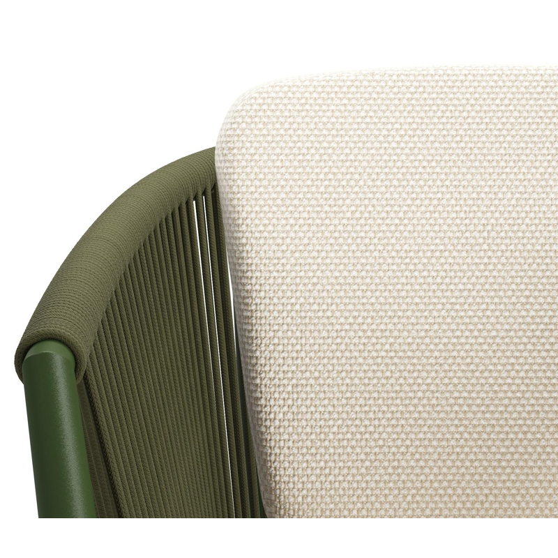 Orso tuinstoel in groen aluminium en groen verticaal geweven ronde rope met zitkussen in All Weather Cosytica Althea Off White