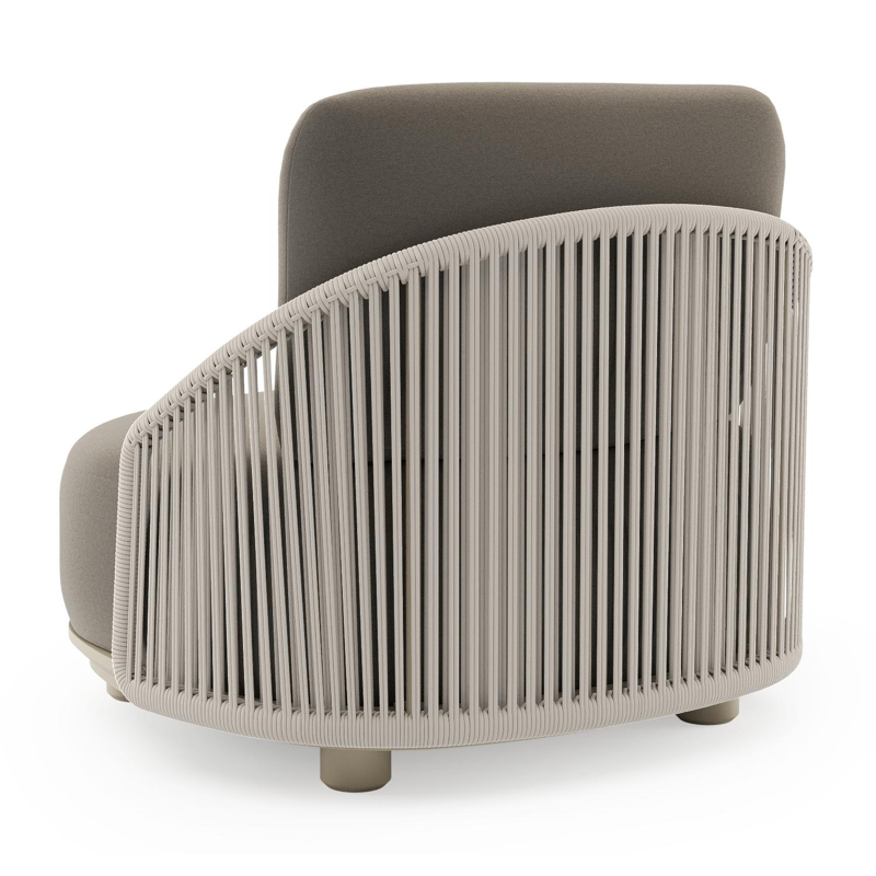 Fauteuil de jardin Vadelo en aluminium beige et corde ronde tissée verticalement beige et coussins en all weather sunbrella® luxe natte carbon beige