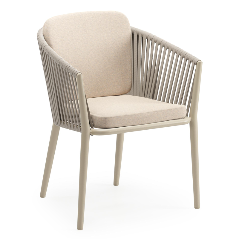 Chaise de jardin Orso en aluminium beige et corde plate tissée verticalement beige avec coussin All Weather Sunbrella® Luxe Heritage Papyrus