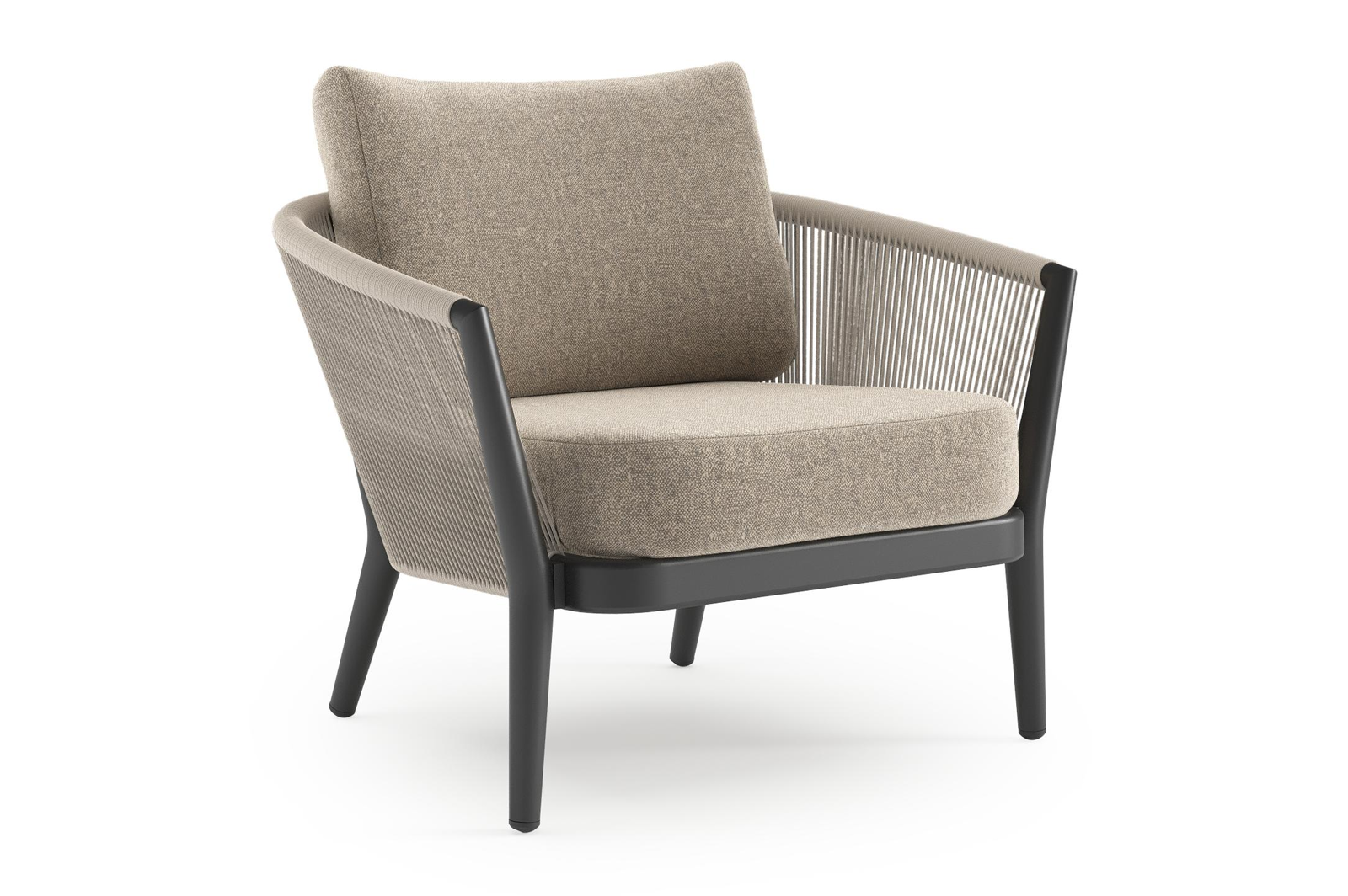 Fauteuil de jardin Orso en aluminium noir en corde ronde tissée verticalement beige et coussins en all weather sunbrella® luxe Chartres Pewter