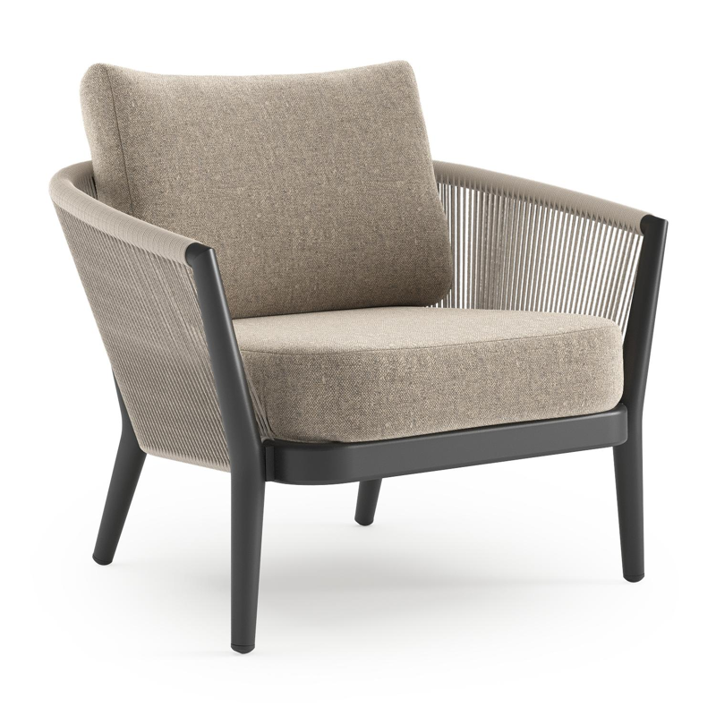 Orso loungestoel in zwart aluminium en beige verticaal geweven ronde rope met Chartres Pewter all weather sunbrella® luxe kussen