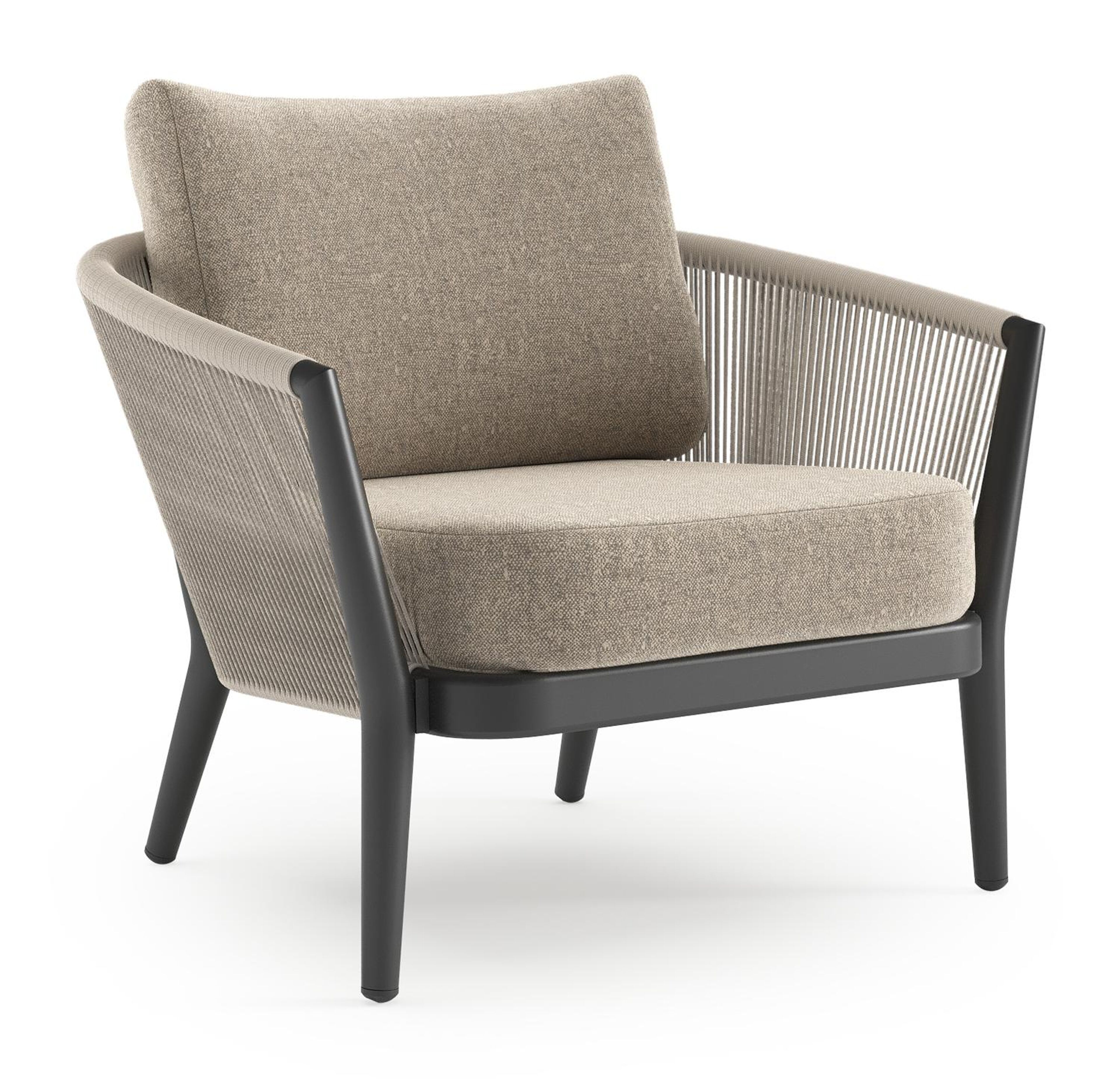 Orso loungestoel in zwart aluminium en beige verticaal geweven ronde rope met Chartres Pewter all weather sunbrella® luxe kussen