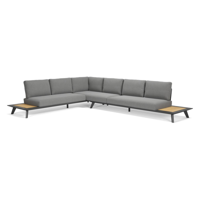 Puglia loungehoek in zwart aluminium en teak met grijs sunbrella® premium kussens