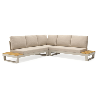 Salon de jardin d'angle Modica en aluminium beige et teck et coussins en weather+ softtouch rustic