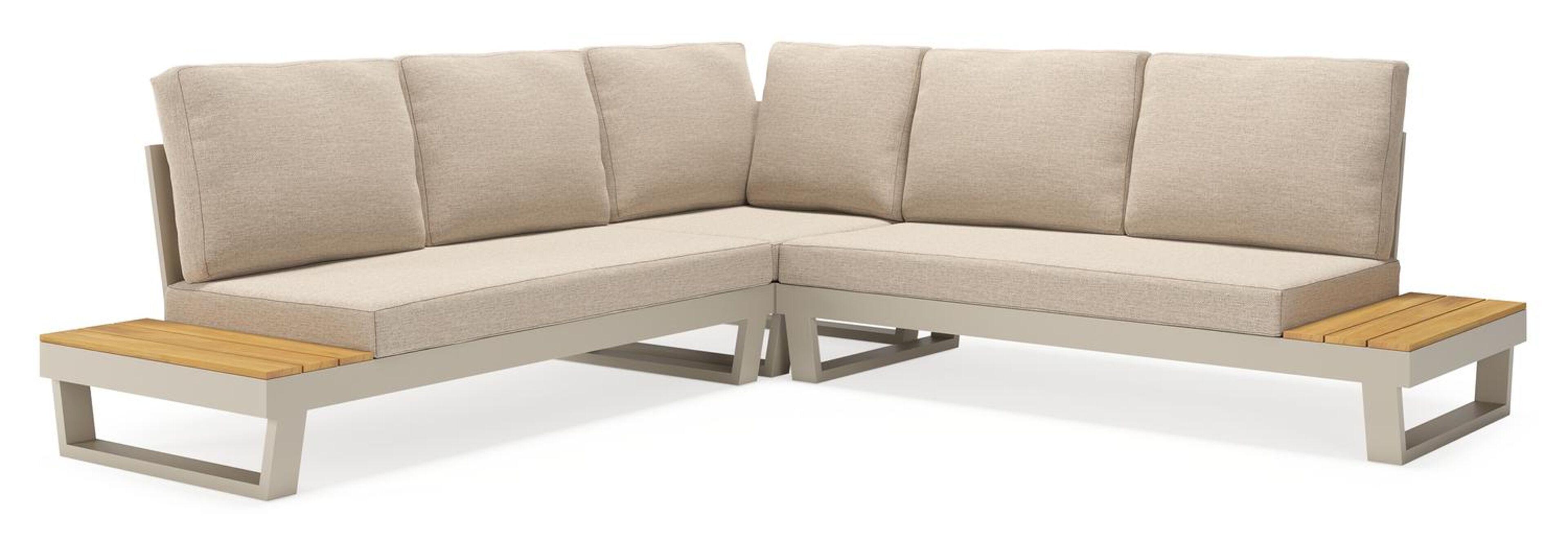 Salon de jardin d'angle Modica en aluminium beige et teck et coussins en weather+ softtouch rustic