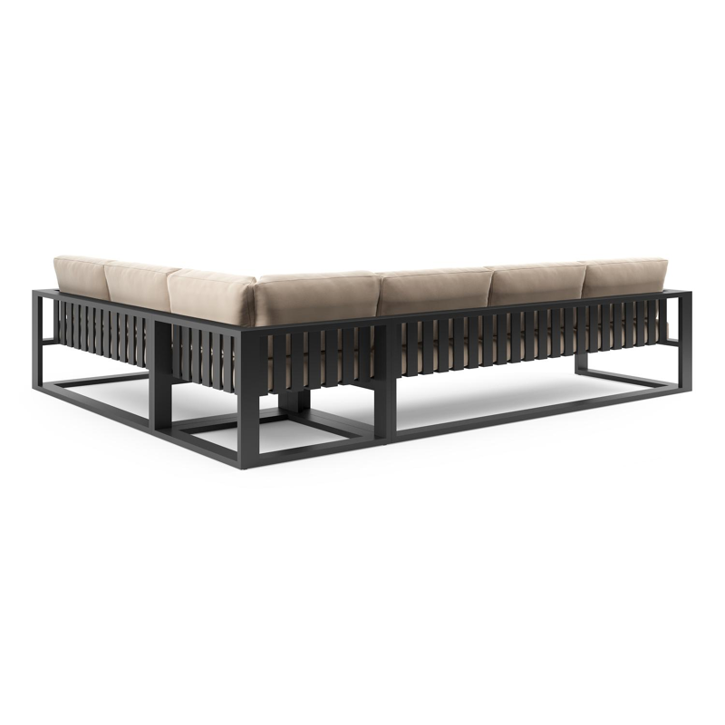 Salon de jardin d'angle Verato en aluminium noir et coussins en all weather sunbrella® luxe natte linen chalk