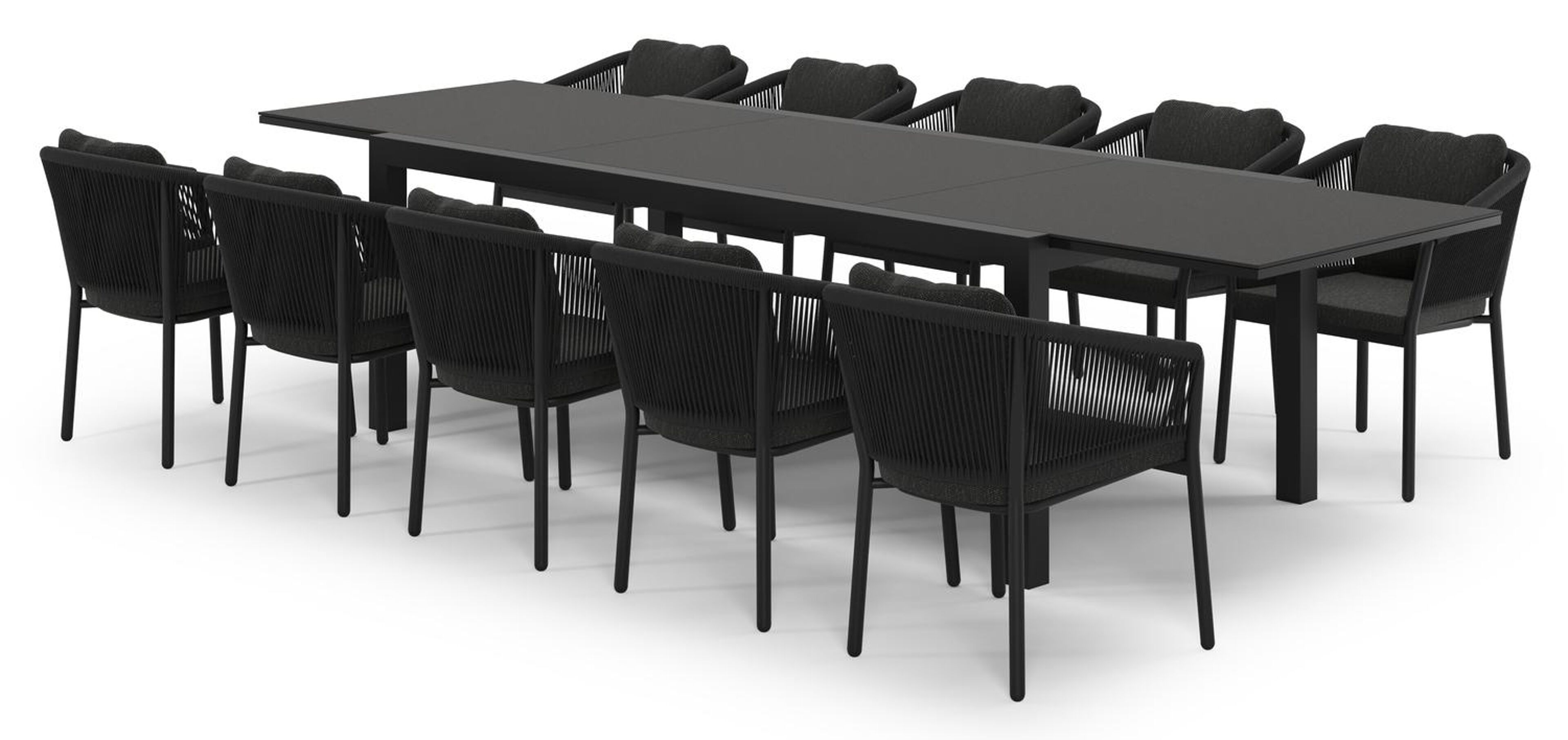 Calobra uitschuifbare tuinset in zwart aluminium en notte minerale sintered stone met 10 Gerona tuinstoelen