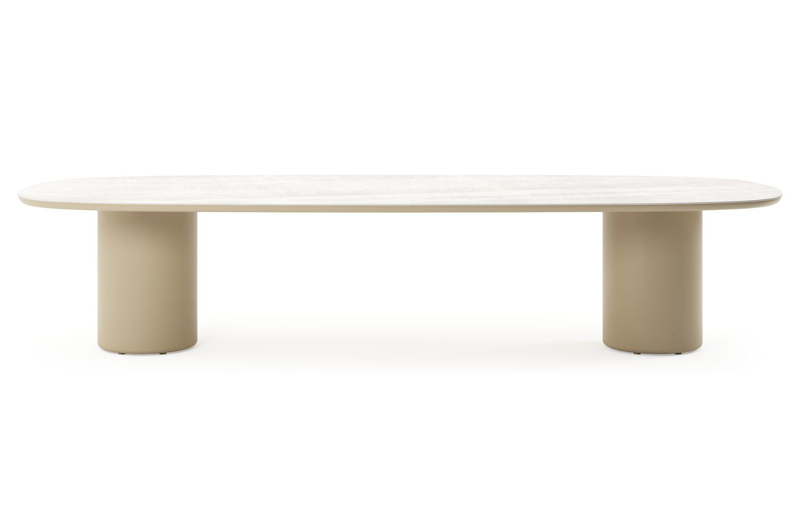 Amico low dining tuintafel bombo in beige aluminium en volkeramiek Taj Mahal - L 320 x B 130 x H 61 cm