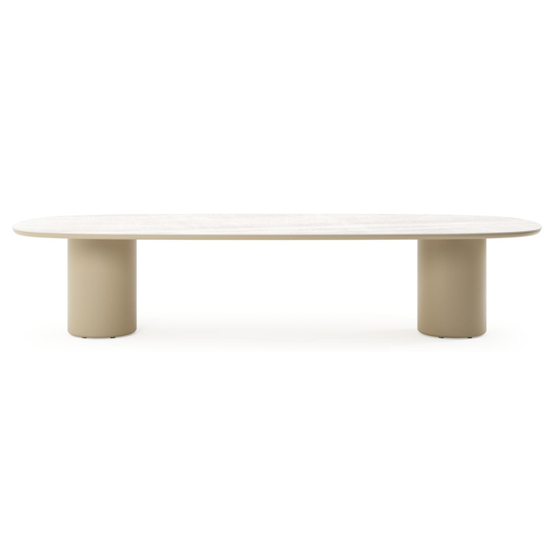 Table de jardin low dining Amico bombo en aluminium beige et céramique pleine Taj Mahal - Lg. 320 x Lrg. 130 x Haut. 61 cm