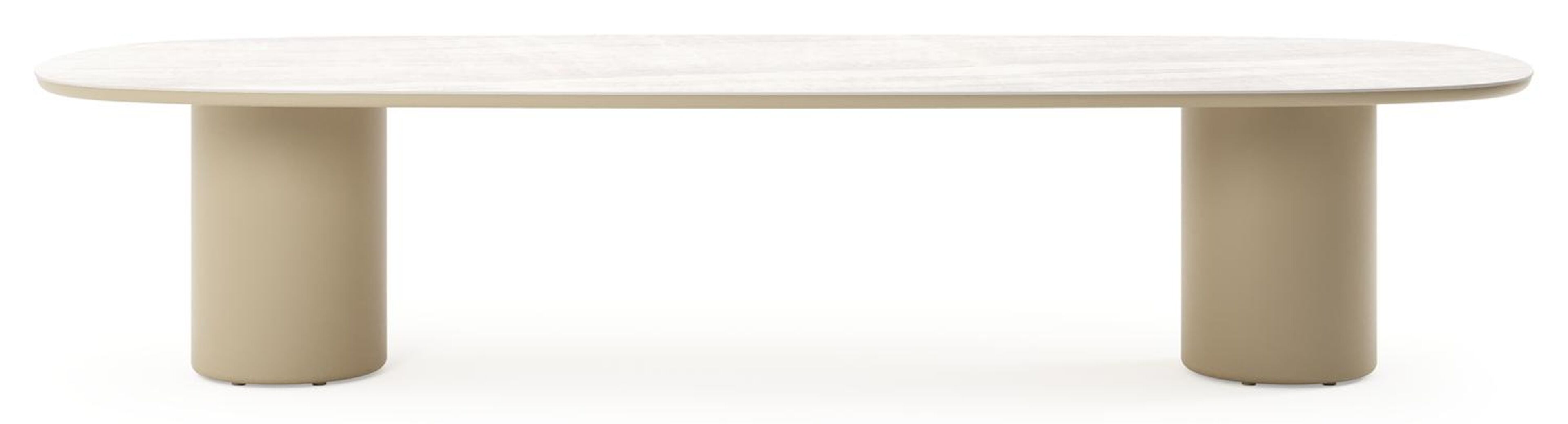 Table de jardin low dining Amico bombo en aluminium beige et céramique pleine Taj Mahal - Lg. 320 x Lrg. 130 x Haut. 61 cm