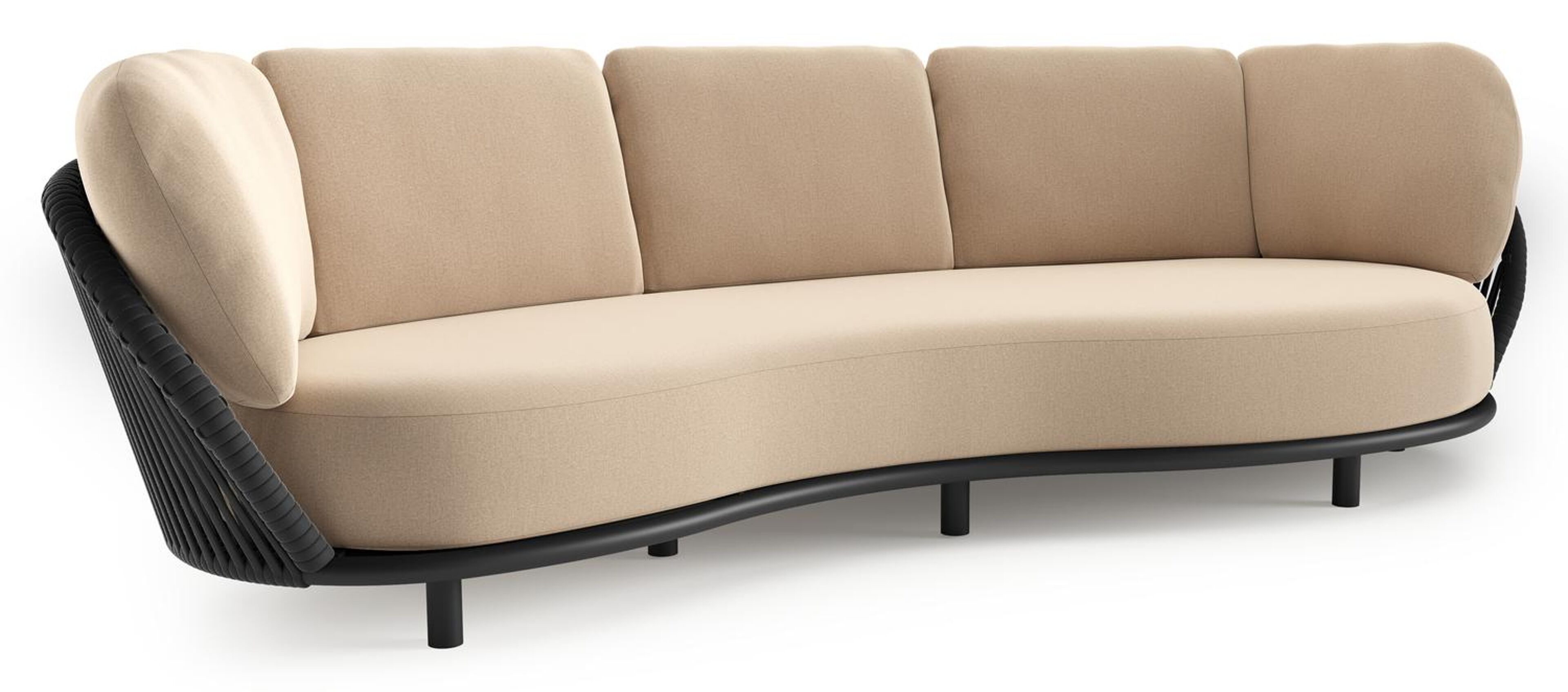 Canapé de jardin Lupino en aluminium noir et corde large plate de luxe tissée verticalement noir et coussins en all weather sunbrella® luxe natte heather beige