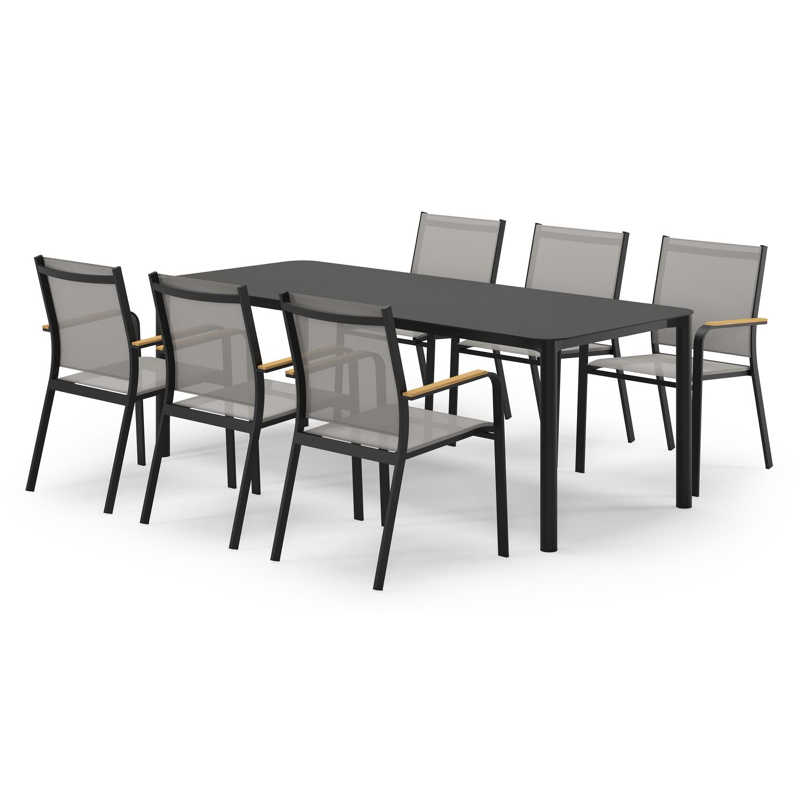 Mira rechthoekige afgeronde tuinset in zwart aluminium en sintered stone notte minerale met 6 Amalfi tuinstoelen