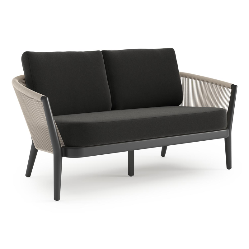Orso loungebank in zwart aluminium en beige verticaal geweven ronde rope met Natte Sooty all weather sunbrella® luxe kussen