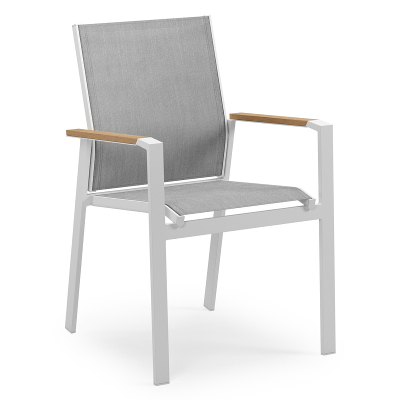 Chaise de jardin empilable Bahia in aluminium blanc et textilène gris et accoudoir en polywood armleuning