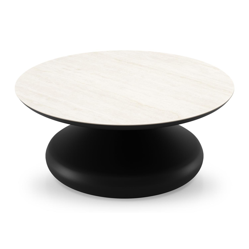 Bomero loungetafel rond in zwart aluminium en volkeramiek Travertino Bianco - Dia. 84 x H 32.2 cm