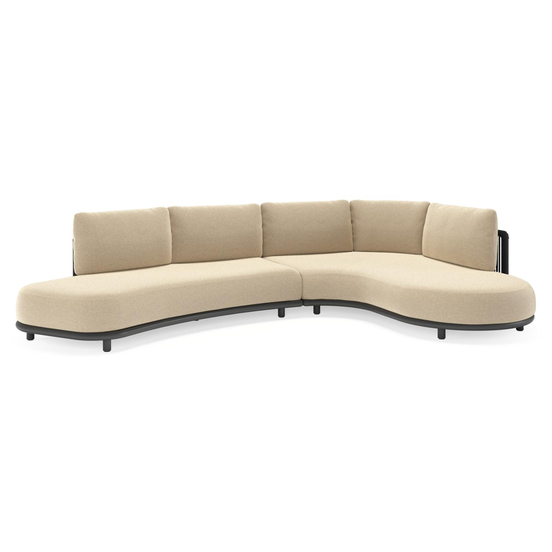 Salon de jardin d'angle Lomano en aluminium noir et corde luxe plate tissée verticalement noir et coussins en all weather cosytica althea camel