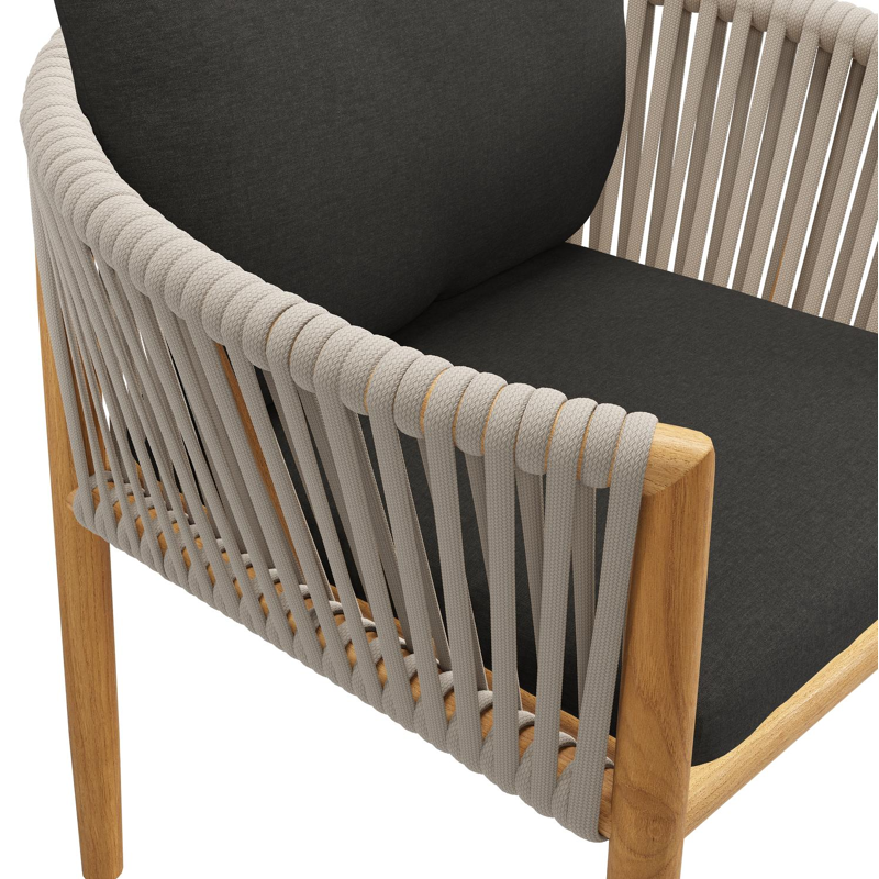 Organo tuinstoel in teak en beige verticaal geweven luxe vlakke rope met zitkussen in All Weather Sunbrella® Luxe Heritage Char