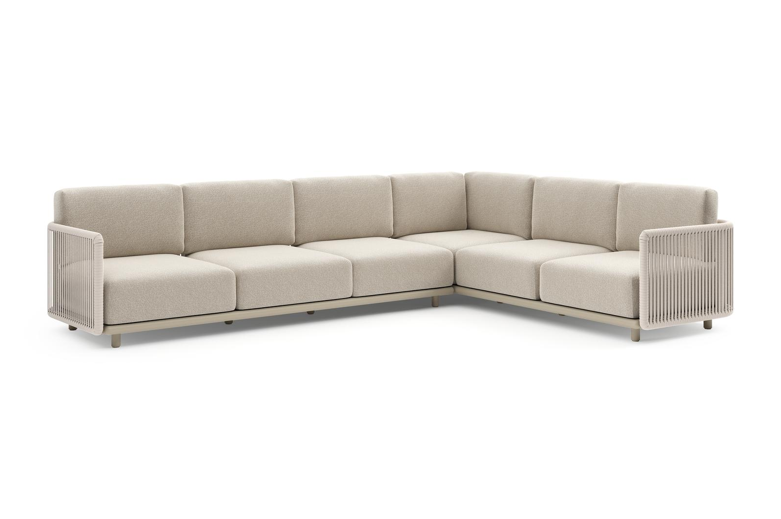 Salon de jardin d'angle Organo en aluminium beige et corde luxe plate tissée verticalement beige et coussin en all weather Cosytica marbella ecru