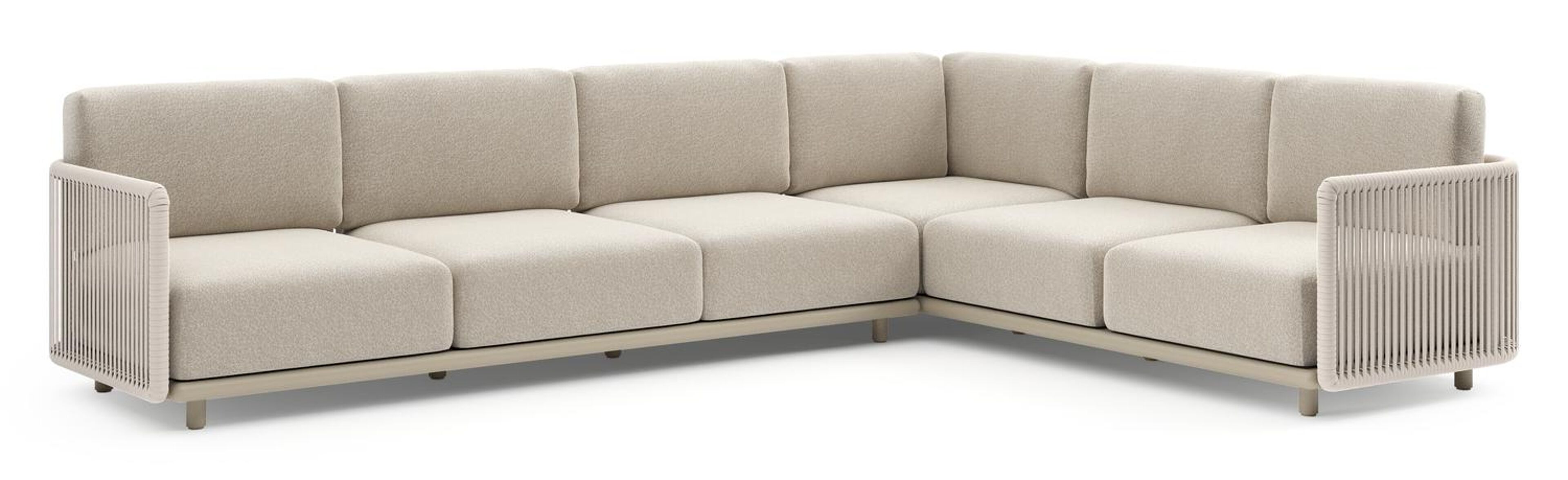 Organo loungehoek in beige aluminium en beige verticaal geweven luxe vlakke rope met marbella ecru all weather Cosytica kussen