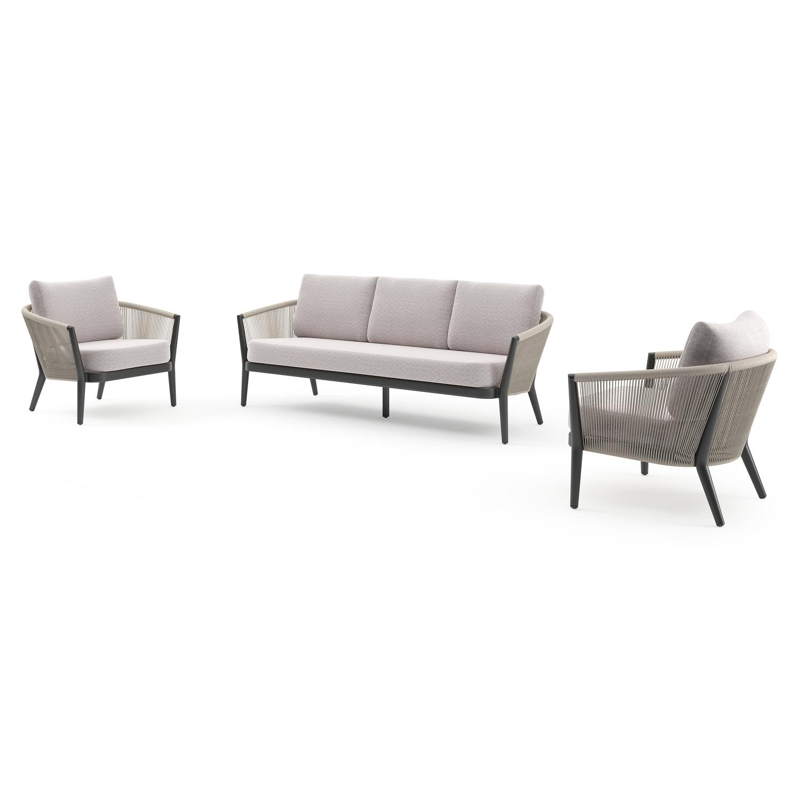 Orso loungeset in zwart aluminium en beige verticaal geweven ronde rope met Wander Gobi all weather sunbrella® luxe kussen
